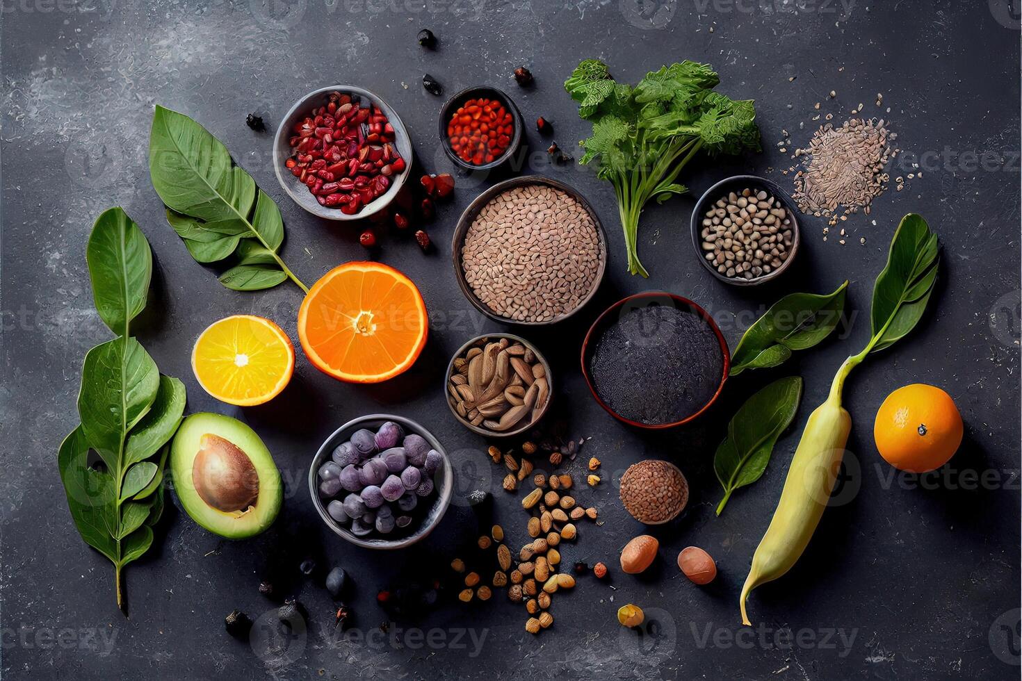 generativo ai ilustración de sano comida limpiar comiendo selección en gris hormigón antecedentes foto