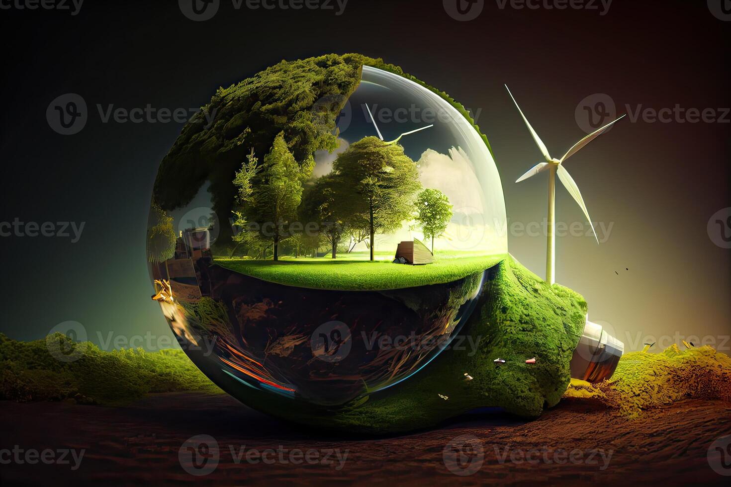 illustration of Green enterprises that rely on renewable energy can reduce climate change and global warming. without any emissions of carbon dioxide, a clean environment photo