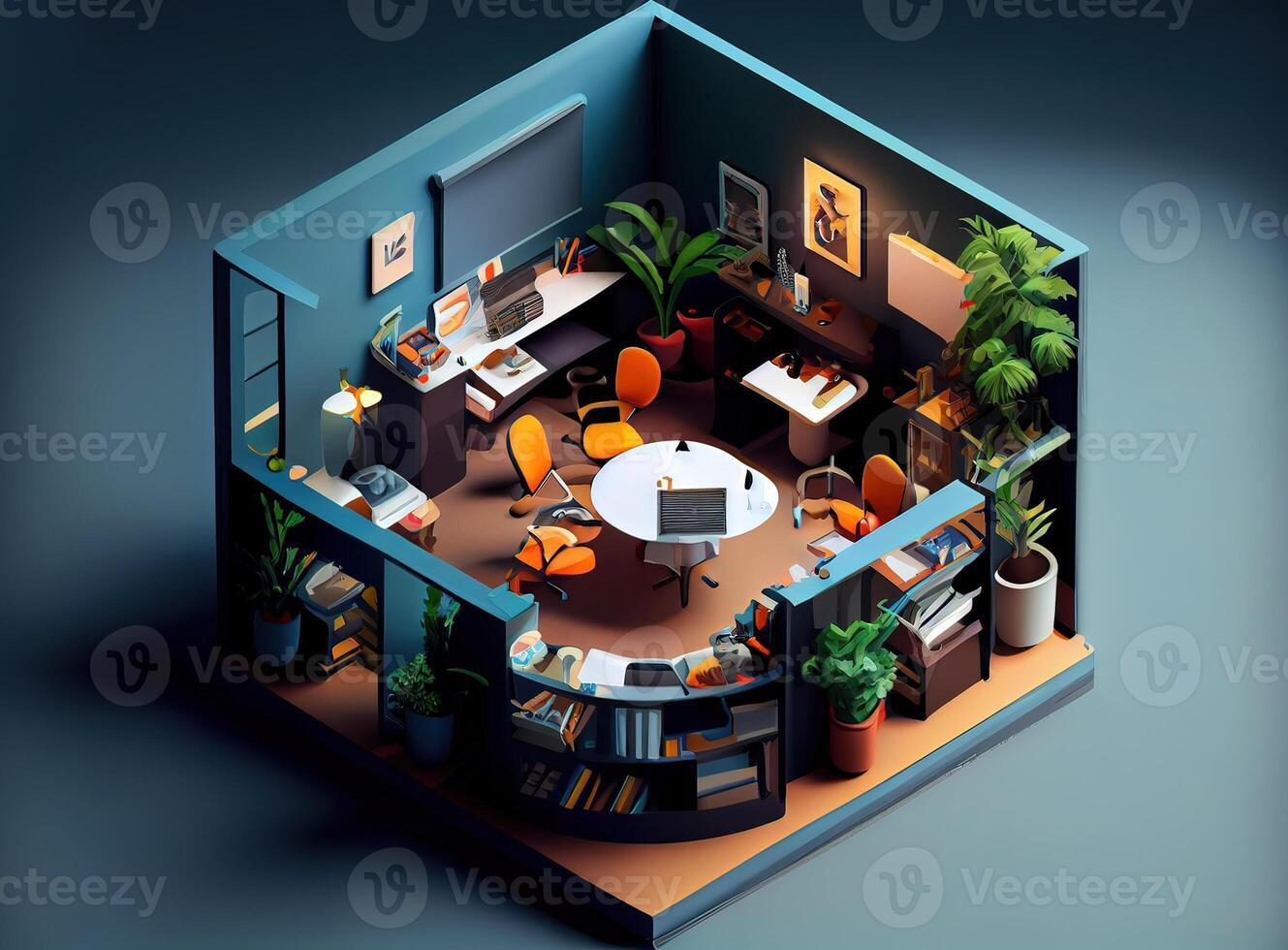 illustration of Office on smart phone, isometric diorama, land plot, pop color, colorful. Digitally generated image photo