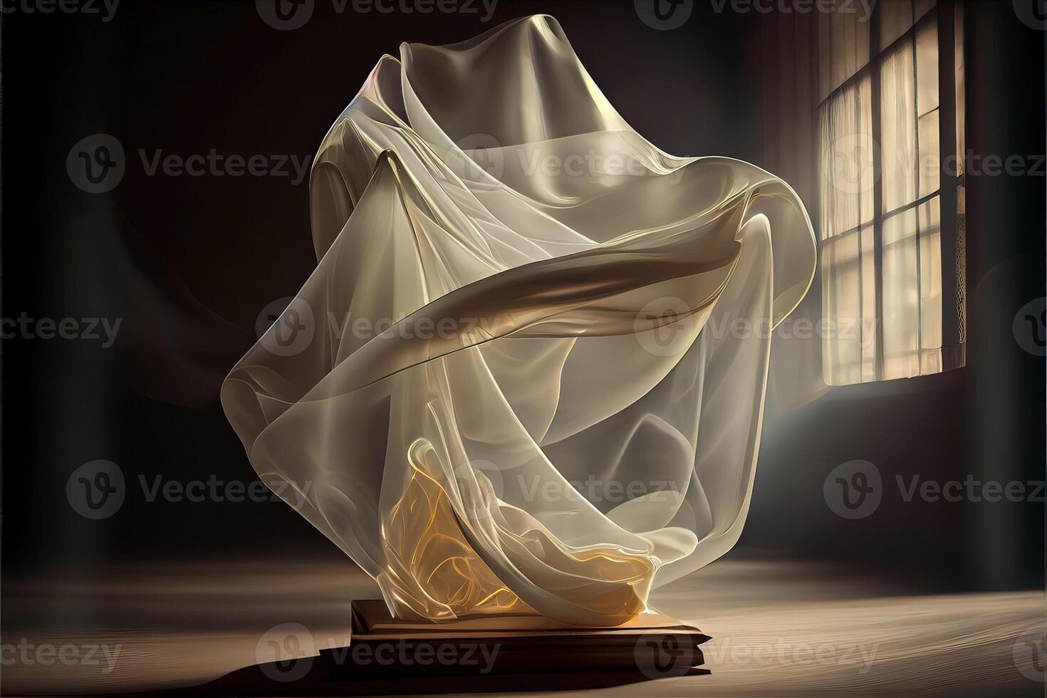 illustration of levitating moving twisting translucent cloth covering glowing objects in dark background photo