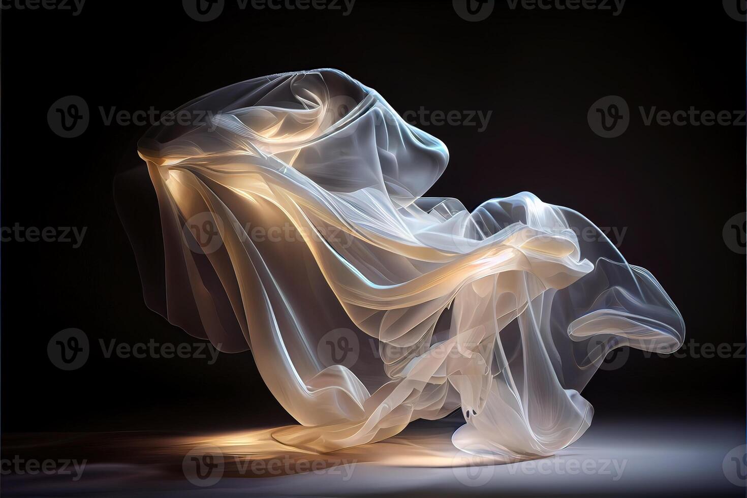 illustration of levitating moving twisting translucent cloth covering glowing objects in dark background photo
