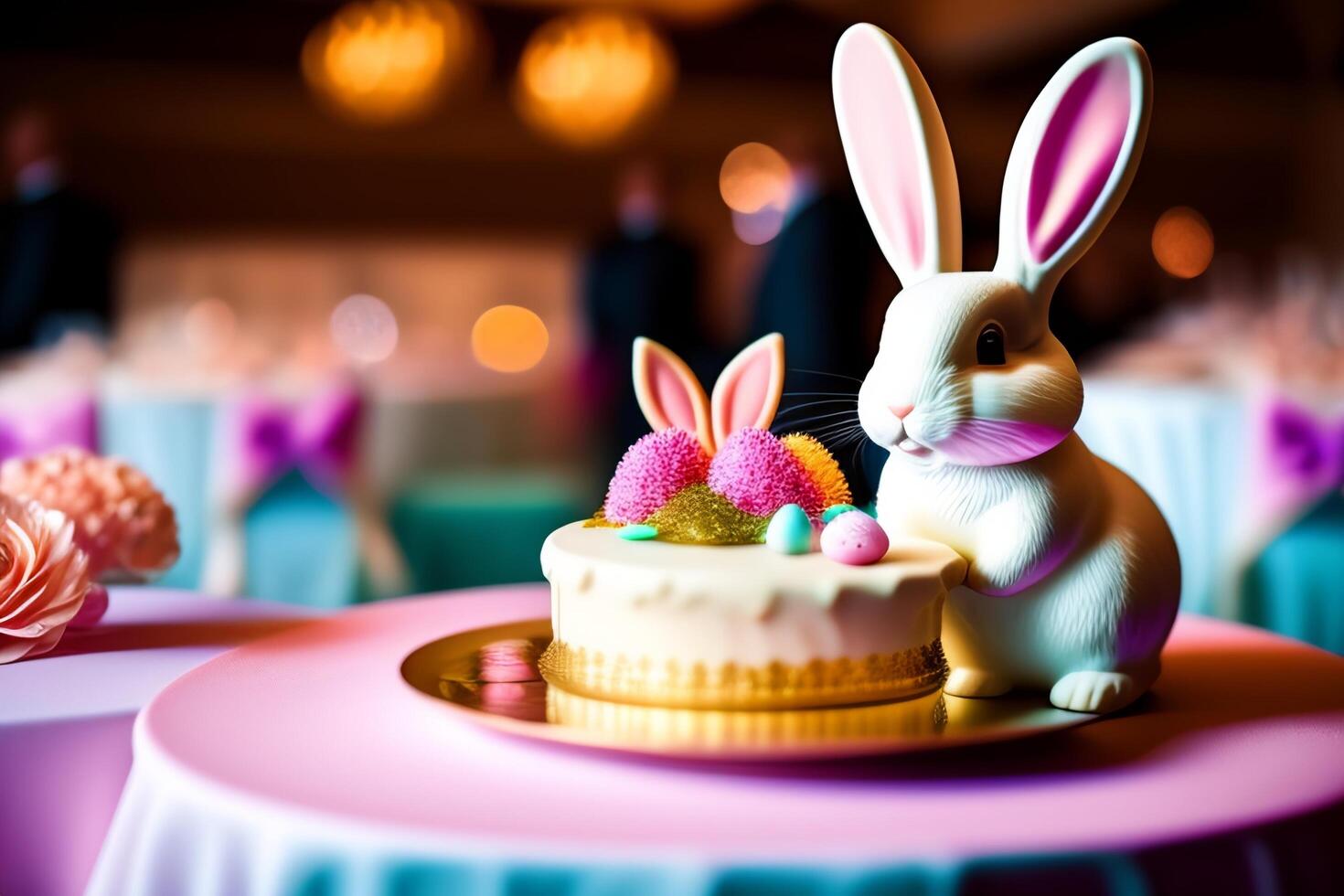 Easter cake with bunny and eggs on the table. Shallow depth of field photo