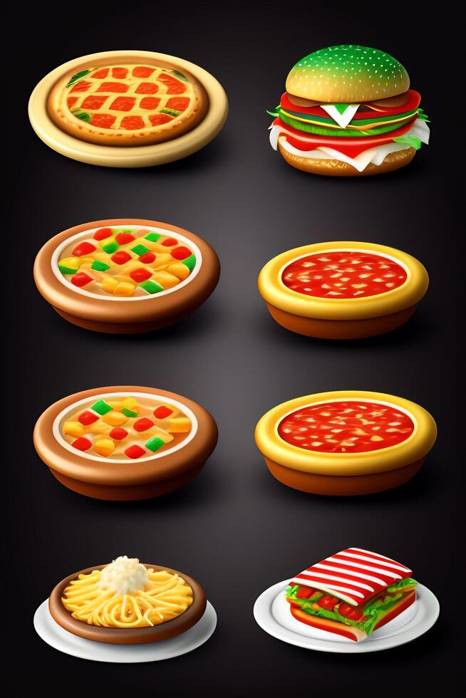 Fast food icon set. Hamburger, cheeseburger, hotdog, french fries, hamburger, pizza, onion rings, tomato, onion rings, onion rings. Realistic vector illustration photo