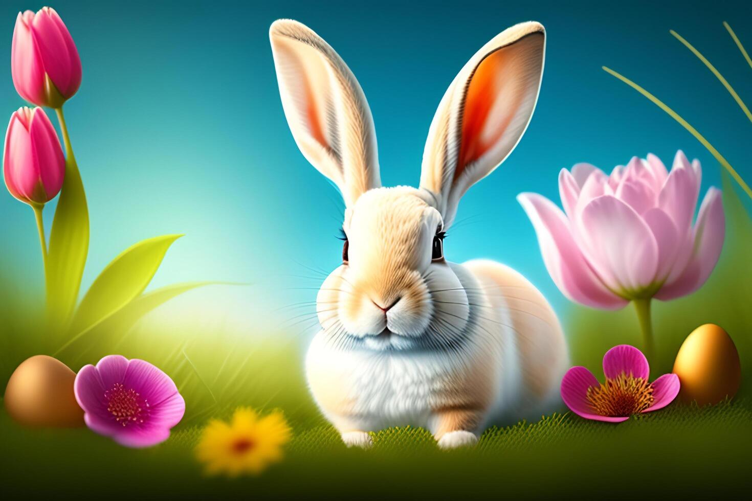 Easter bunny with flowers and easter eggs on wooden background. photo