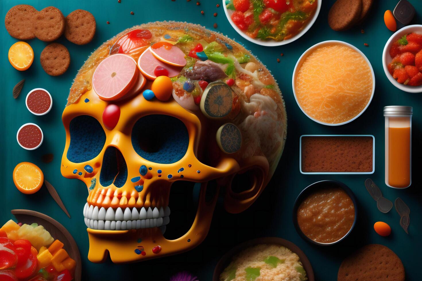 the anatomy of a zoombie head made of junk food photo
