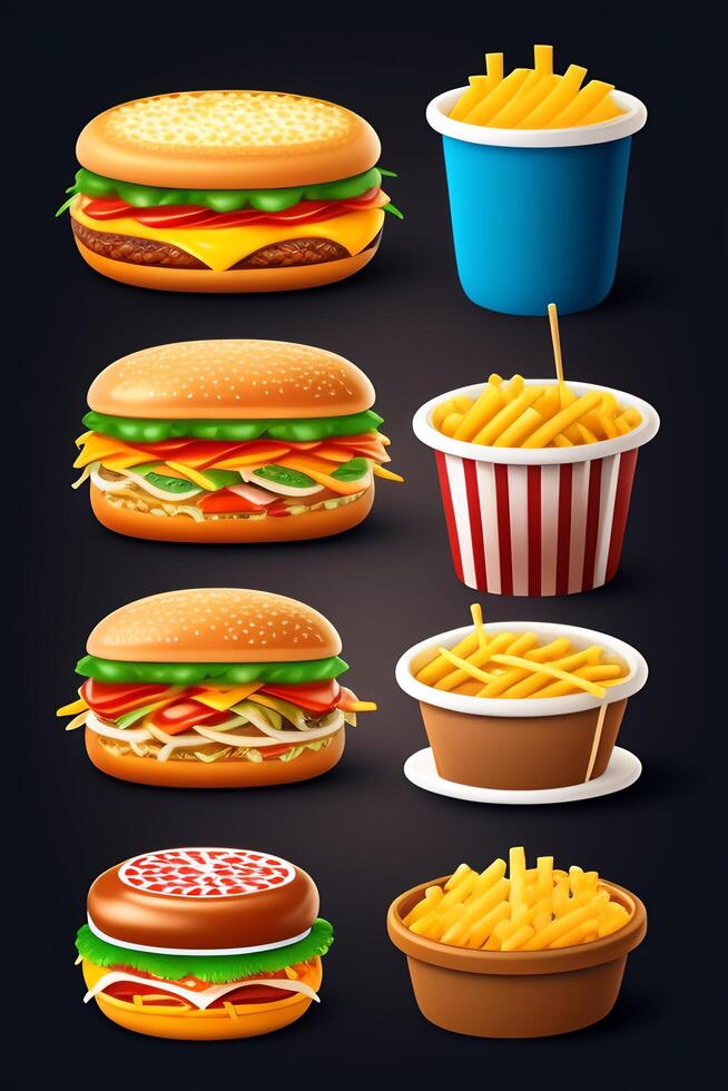 Fast food icon set. Hamburger, cheeseburger, hotdog, french fries, hamburger, pizza, onion rings, tomato, onion rings, onion rings. Realistic vector illustration photo