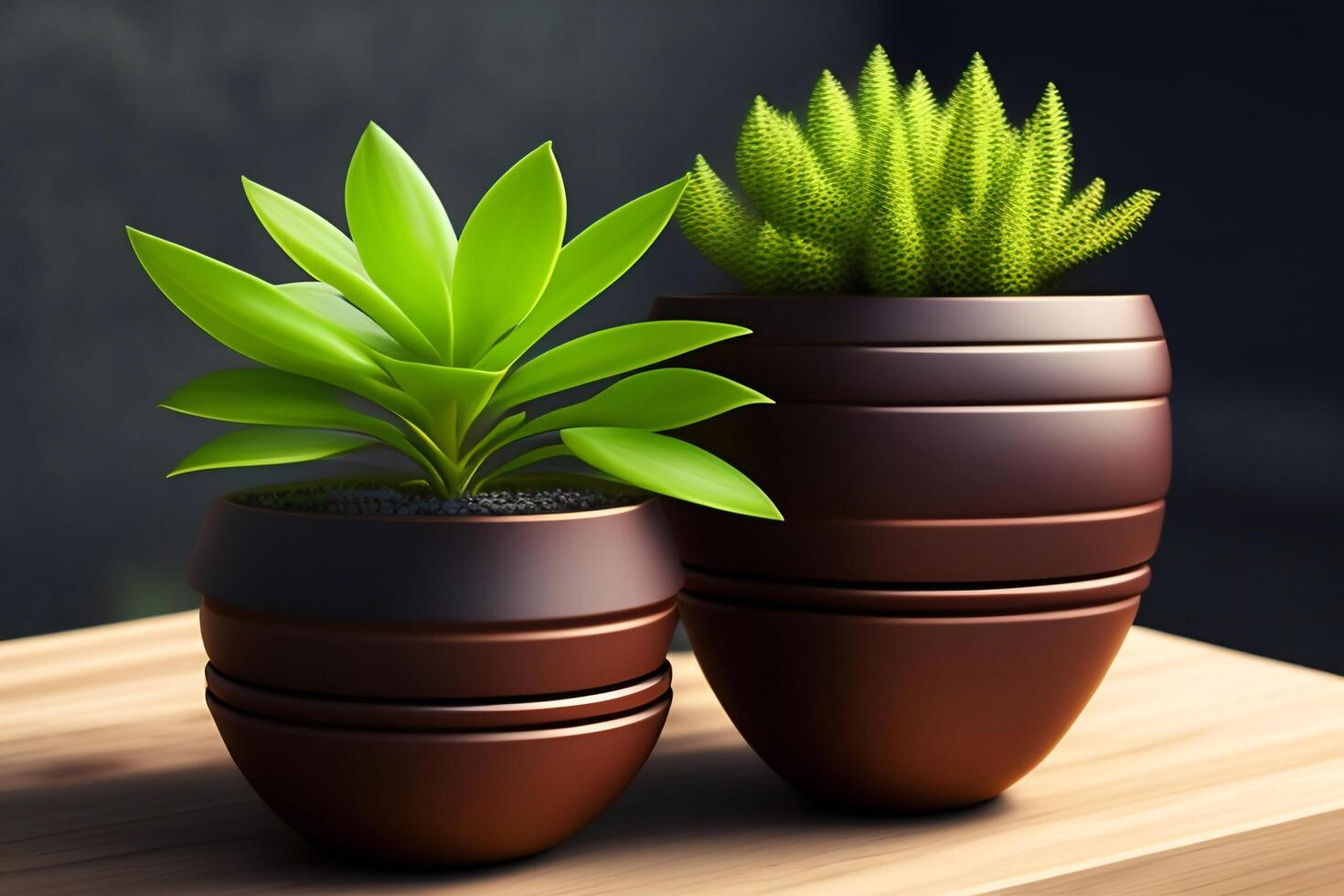 Green plant in vase on wooden table with black wall background photo