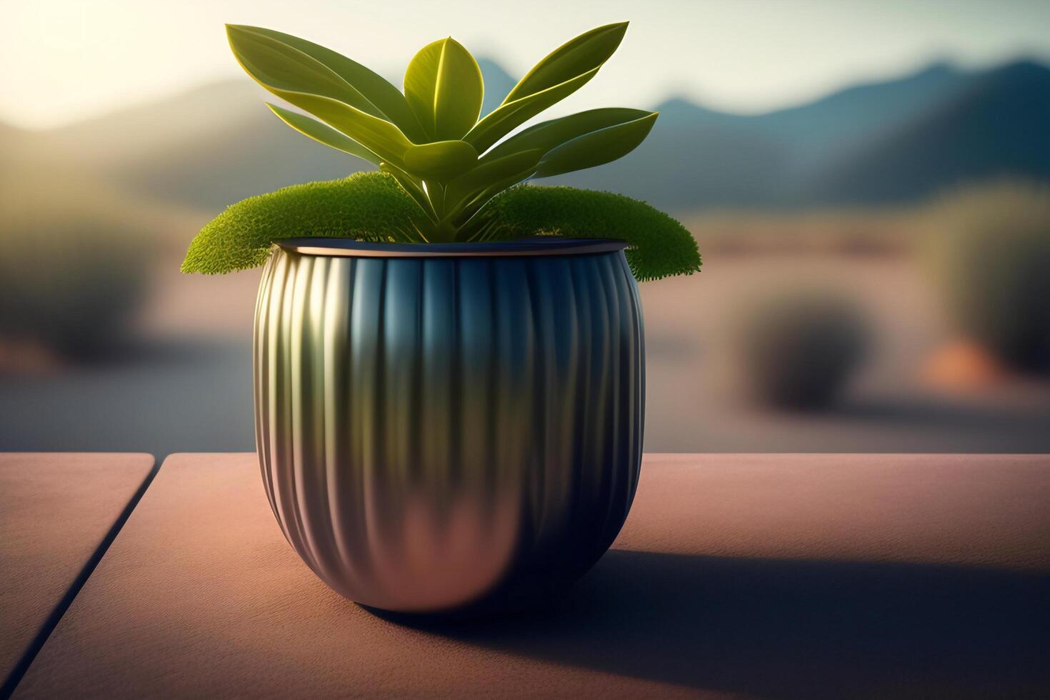 Green plant in vase on wooden table with black wall background photo