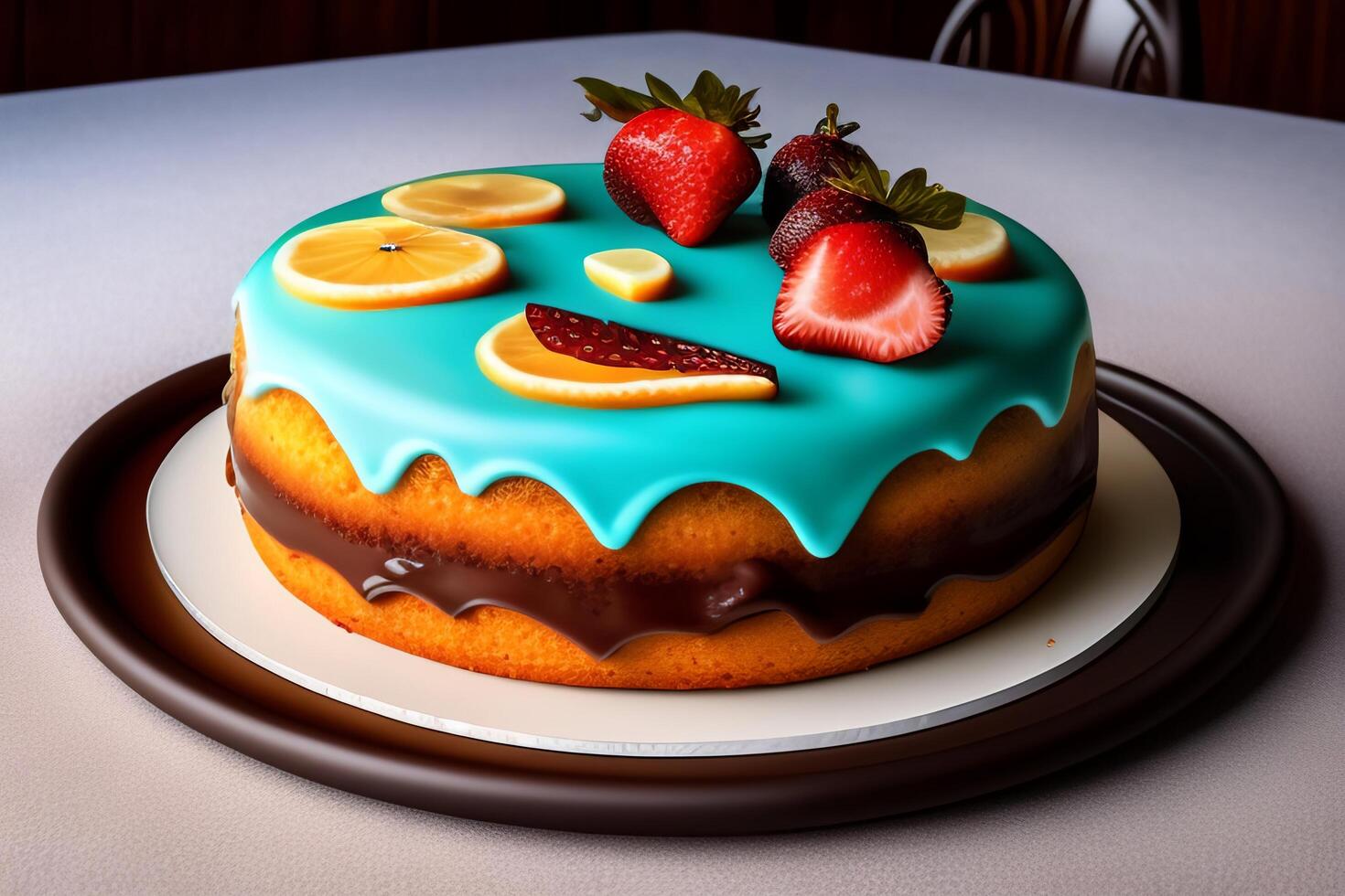 Chocolate cake with blue icing decorated with strawberries, lemons and oranges. 3d render photo