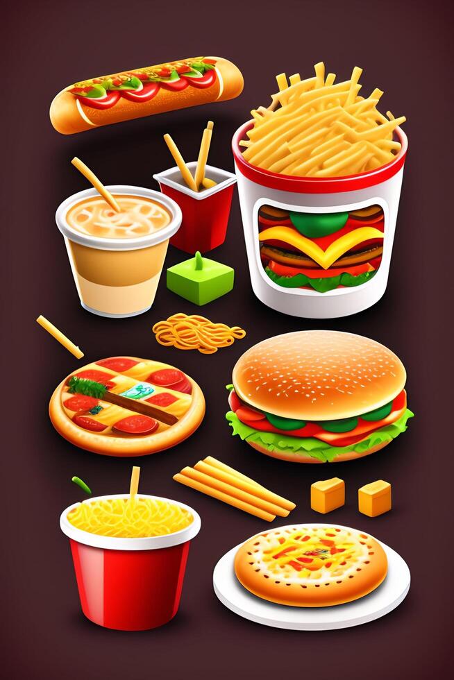 Fast food icon set. Hamburger, cheeseburger, hotdog, french fries, hamburger, pizza, onion rings, tomato, onion rings, onion rings. Realistic vector illustration photo