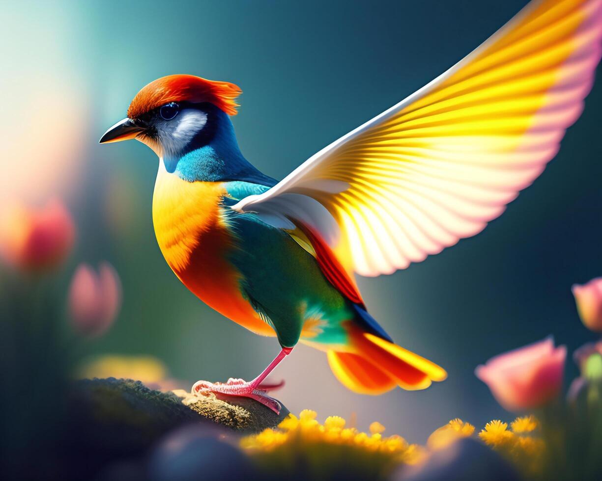 Colorful bird on a background of nature. 3d illustration. photo