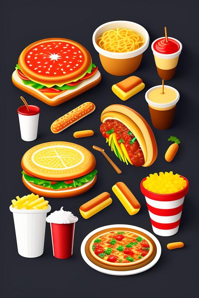 Fast food icon set. Hamburger, cheeseburger, hotdog, french fries, hamburger, pizza, onion rings, tomato, onion rings, onion rings. Realistic vector illustration photo