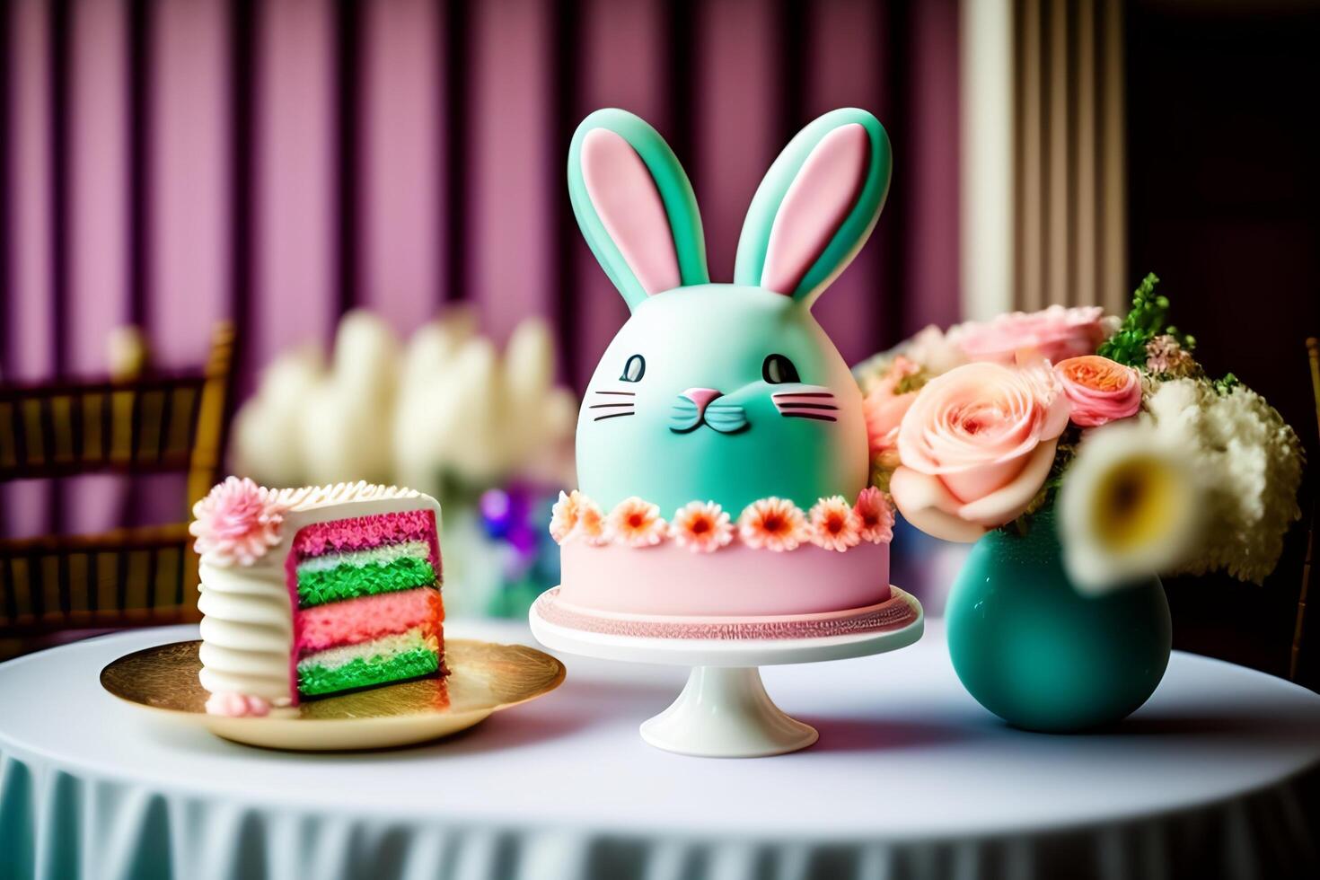 Easter cake with bunny and flowers on the table. Selective focus. photo