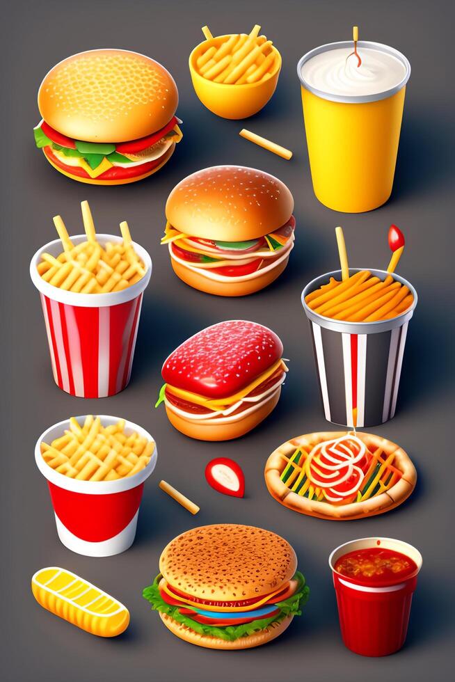 Fast food icon set. Hamburger, cheeseburger, hotdog, french fries, hamburger, pizza, onion rings, tomato, onion rings, onion rings. Realistic vector illustration photo