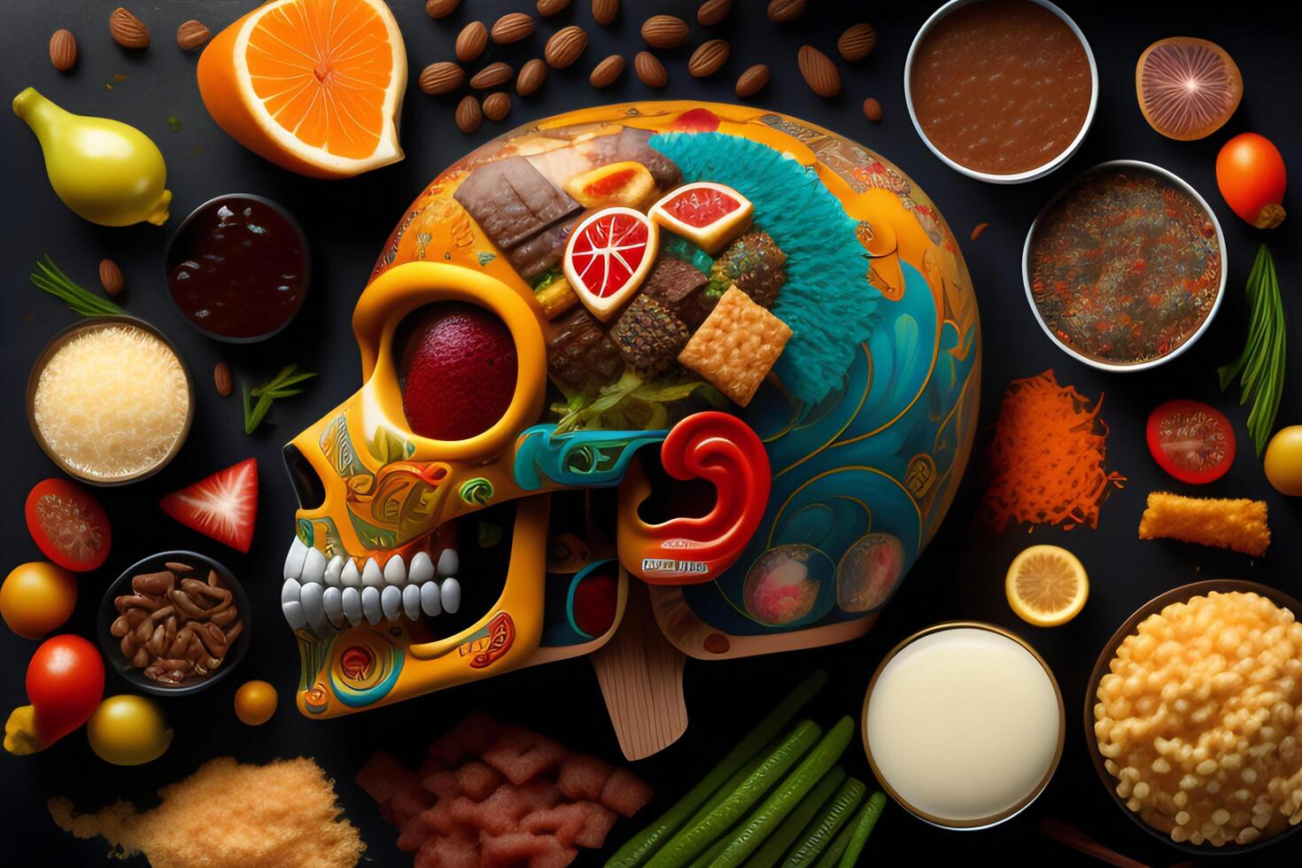 the anatomy of a zoombie head made of junk food photo