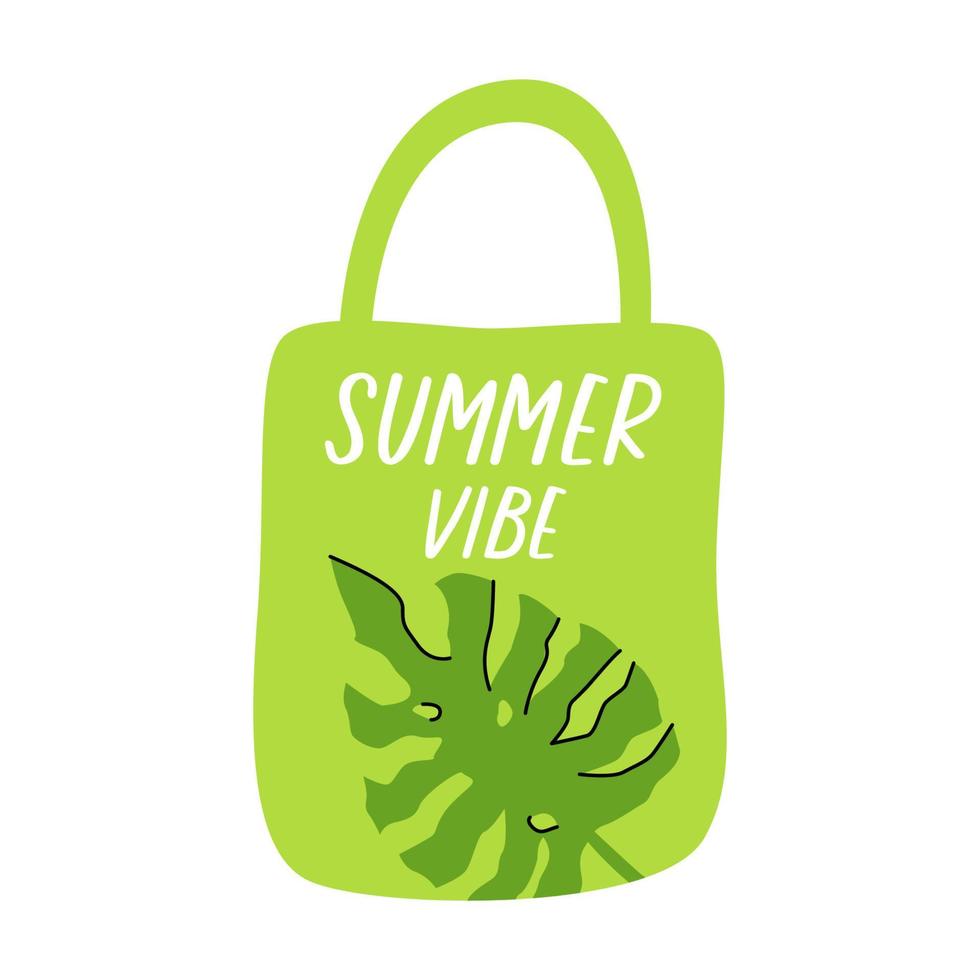 verano comprador, playa bolso con inscripción verano ambiente y monstera hoja. mano dibujado modelo en blanco antecedentes. vector dibujos animados ilustración.