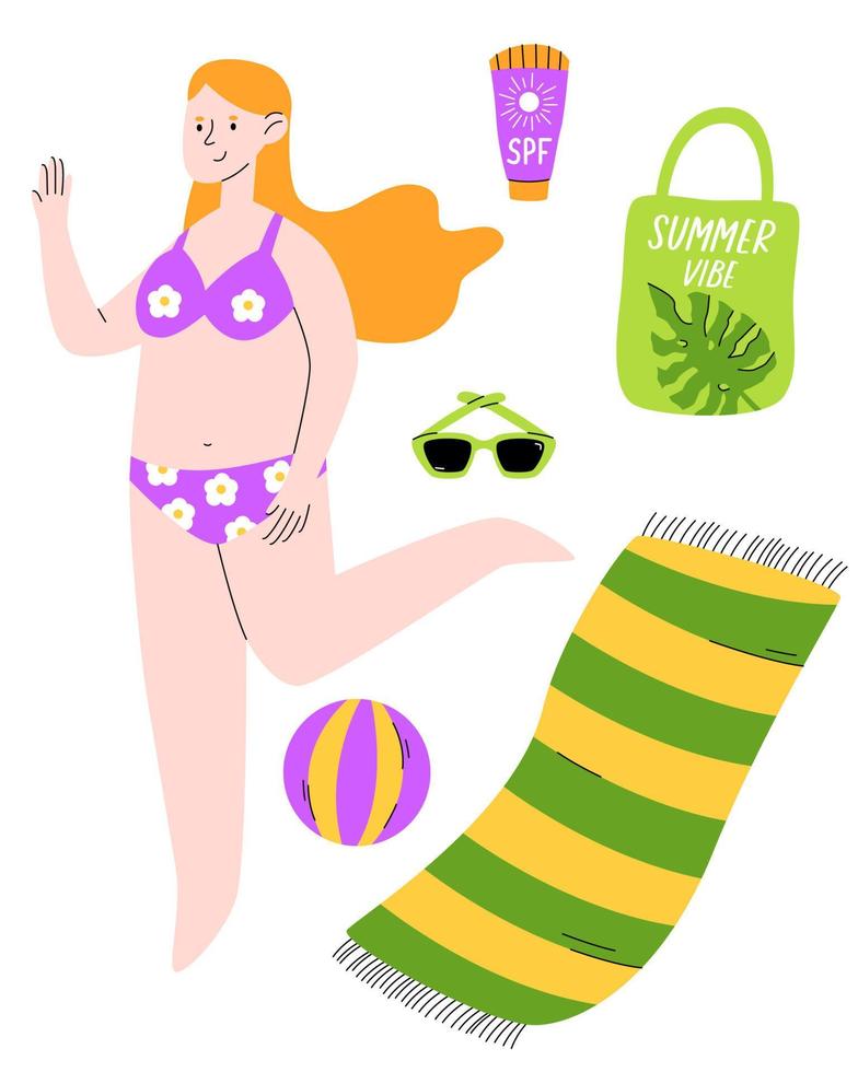 conjunto de linda verano chica, pelota, comprador, anteojos, playa toalla, protector solar brillante Hora de verano póster. cuerpo positivo niña en un floral traje de baño. vector dibujos animados ilustración.