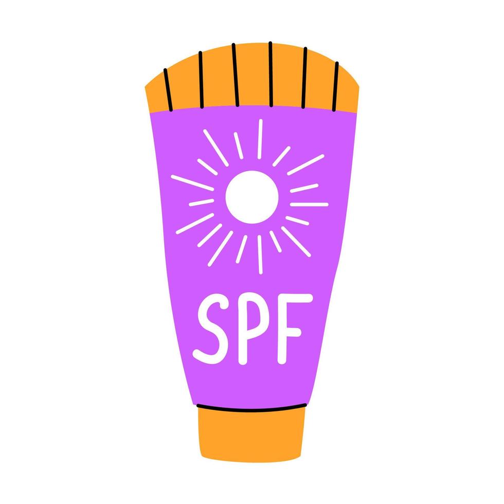 Sunscreen bottle isolated on white background. Flat design cartoon style tube of sunscreen, sun protection factor SPF. Sun cream with uv protection. Vector illustration.