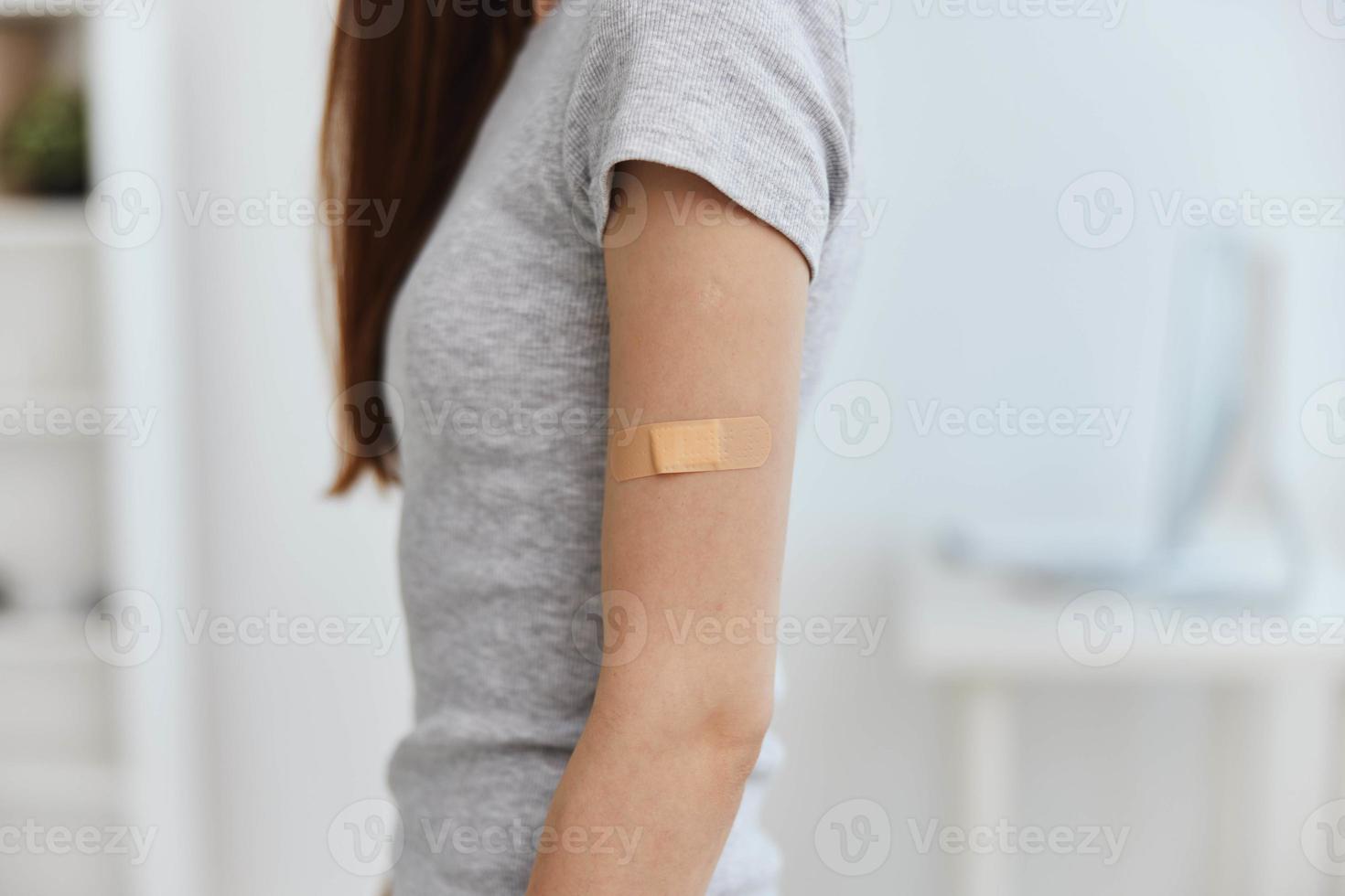 coronavirus injection female hand adhesive plaster covid passport photo