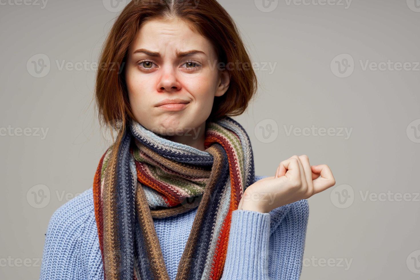 woman neck scarf cold handkerchief light background photo