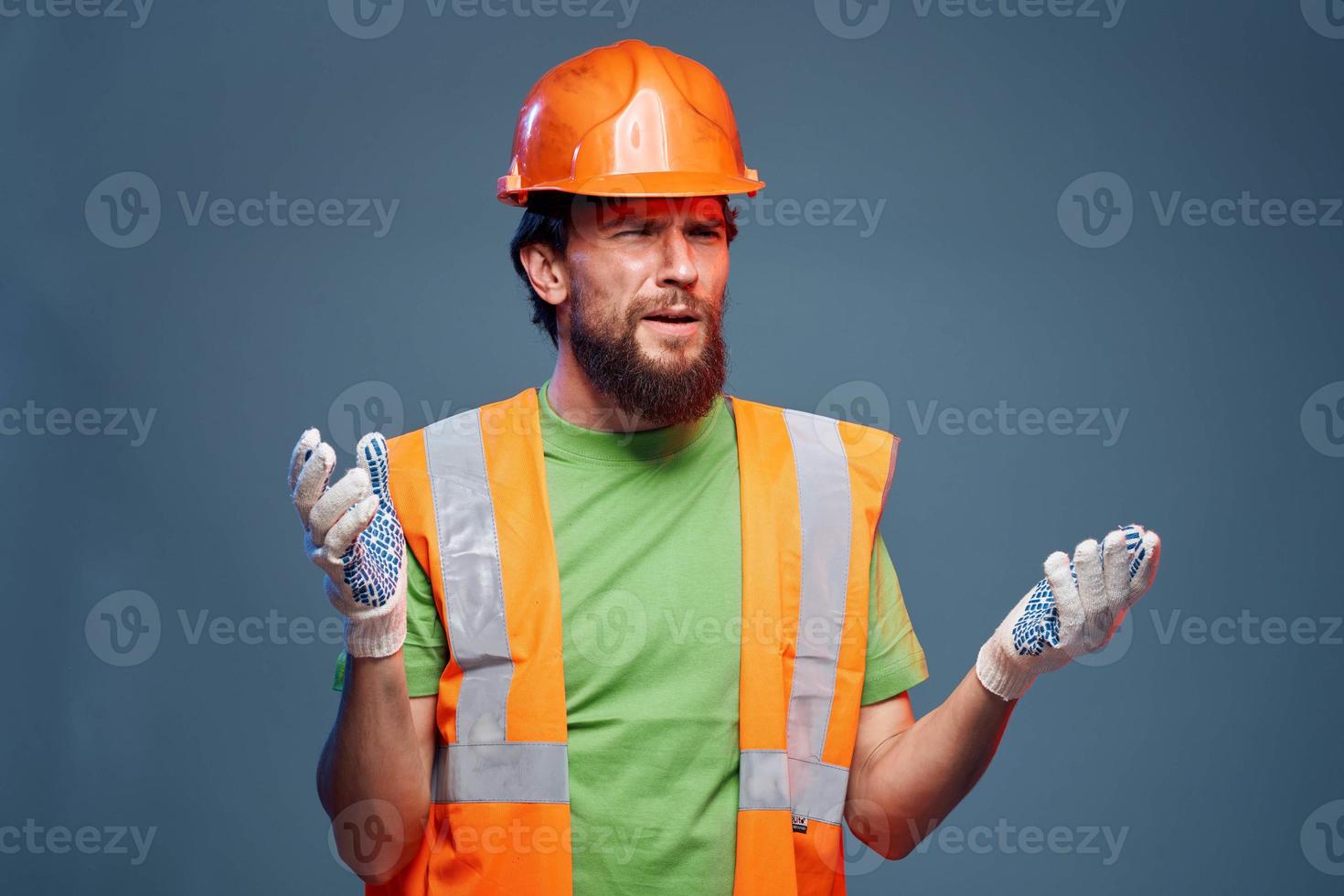 Emotional builder working uniform orange helmet safety Construction professional photo