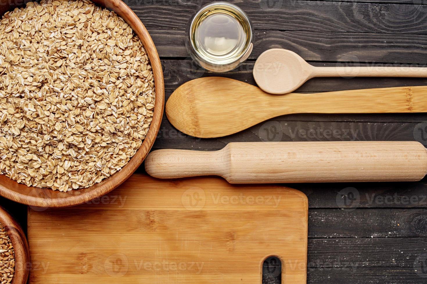 de madera cocina artículos cereales productos ver desde encima foto