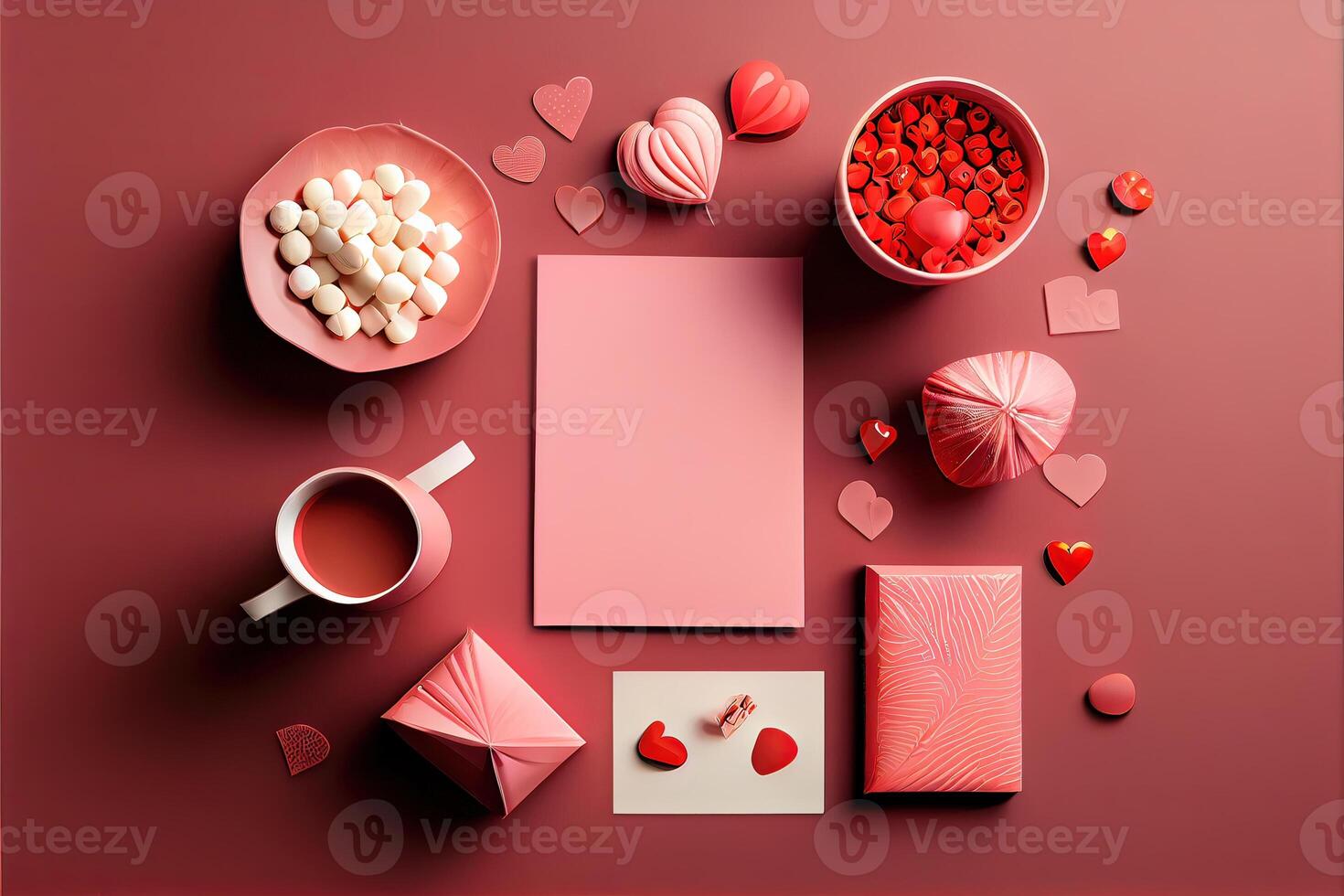 illustration of Valentine frame and banner. Red decoration. flat lay, romantic. Love and valentine day concept. Neural network generated art. Digitally generated image. photo