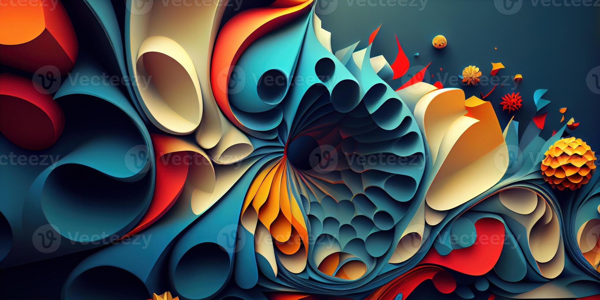 illustration of a futuristic abstraction, featuring a 3D background with dynamic shapes and colors photo
