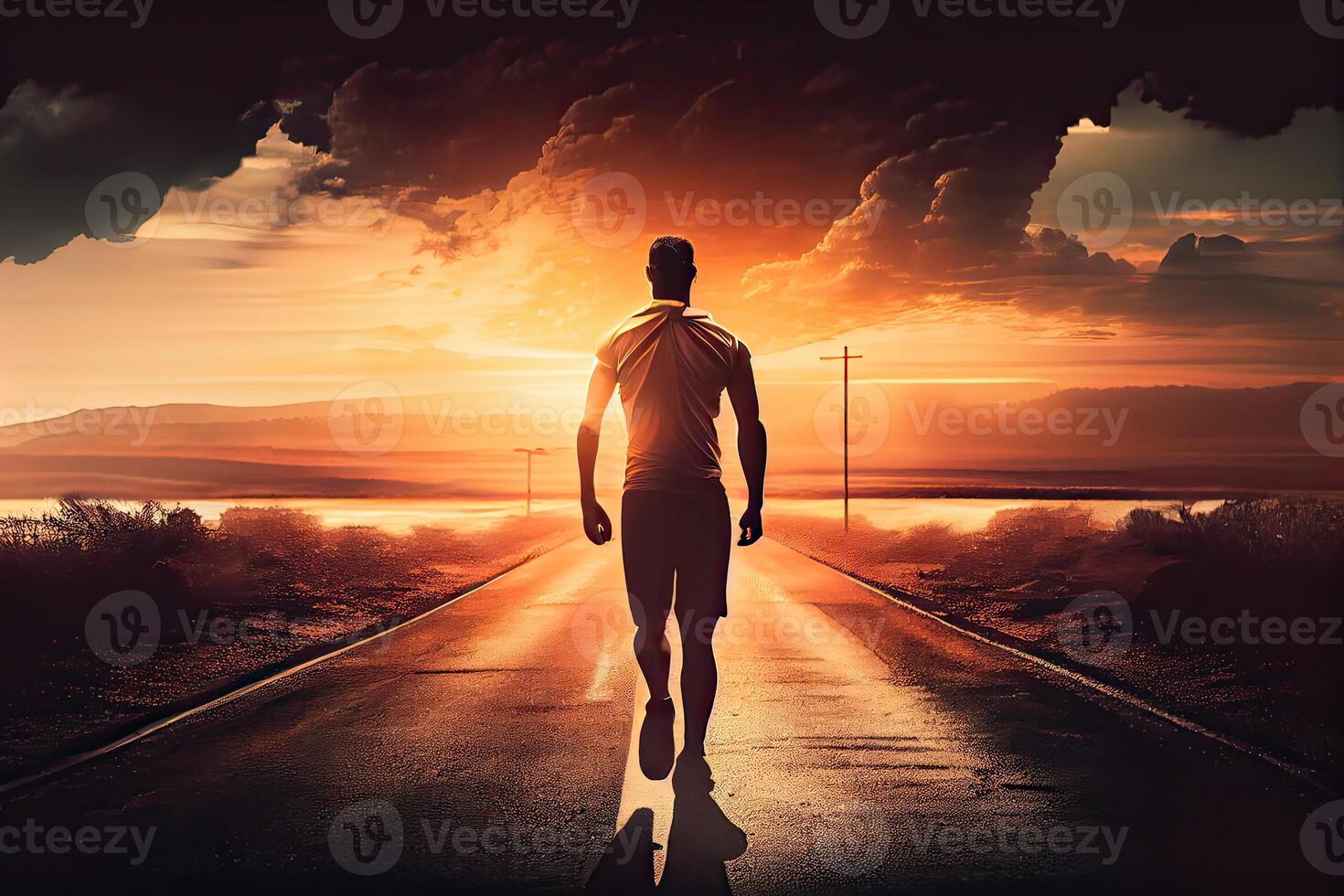 illustration of an athletic man walking on a deserted road into the sunset. The image is focused on the man's leg, which emphasizes his physical fitness and determination photo