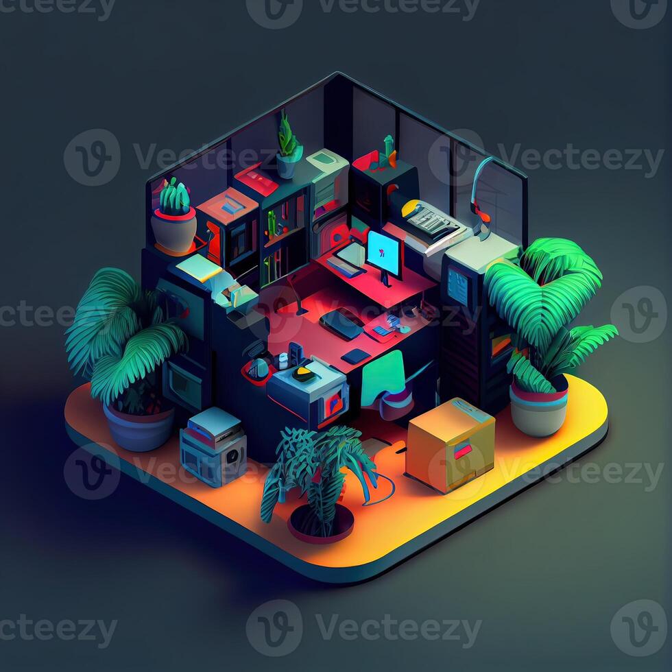 illustration of Office on smart phone, isometric diorama, land plot, pop color, colorful. Digitally generated image photo