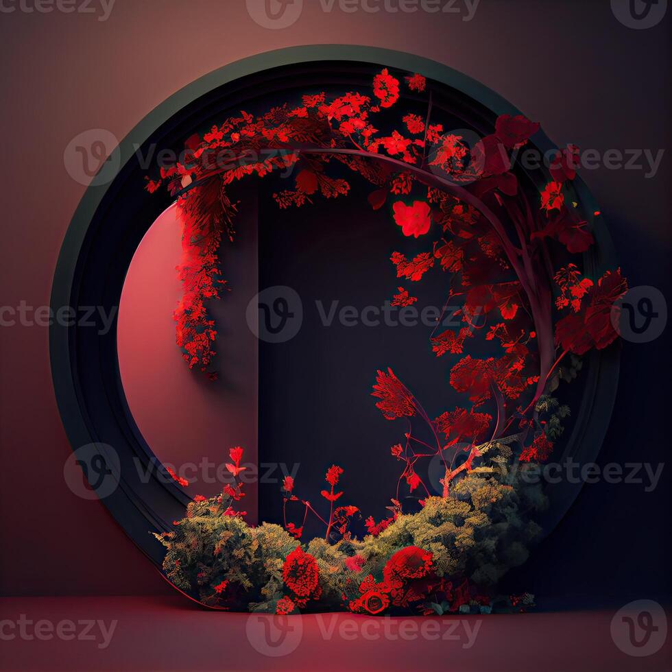 generativo ai ilustración de el belleza y creatividad de circular flor arco ese parece a flotador en aire. el arco es adornado con brillante rojo flores y oscuro, sorprendentes negro follaje foto