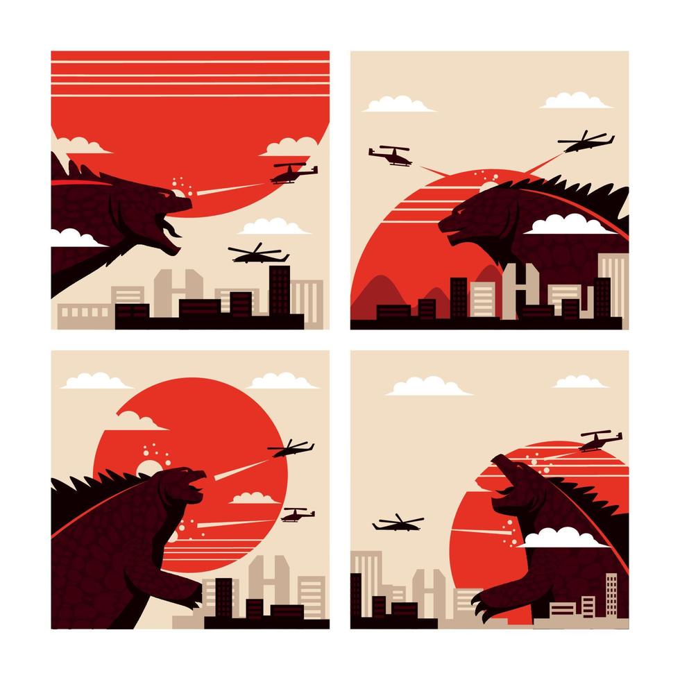 Social Media Post Set of Huge Lizard Monster Attacking the City vector