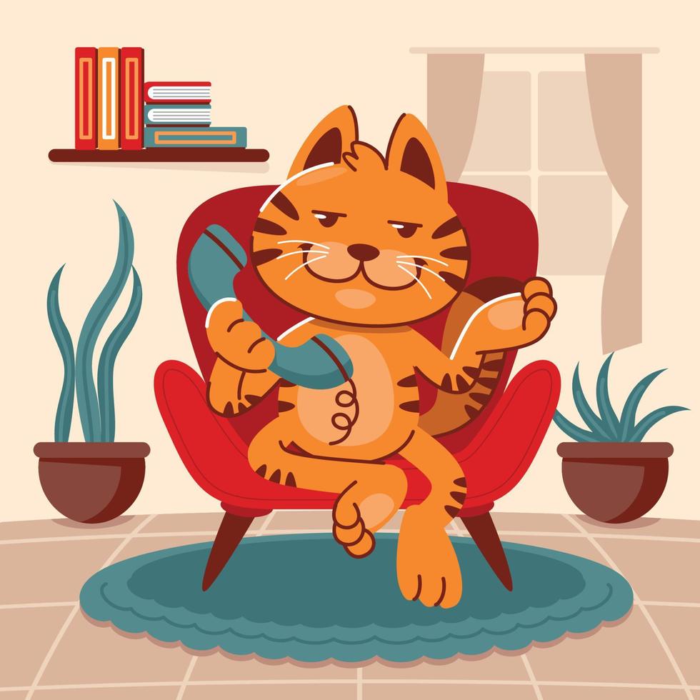 Orange Cat is Sitting on the Sofa Carrying a Phone vector