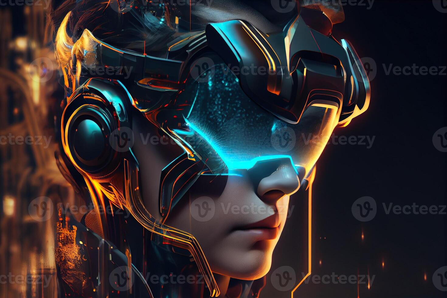 illustration of Metaverse concept and virtual world elements. Side view of human face in augmented or virtual reality headset inside the metaverse photo