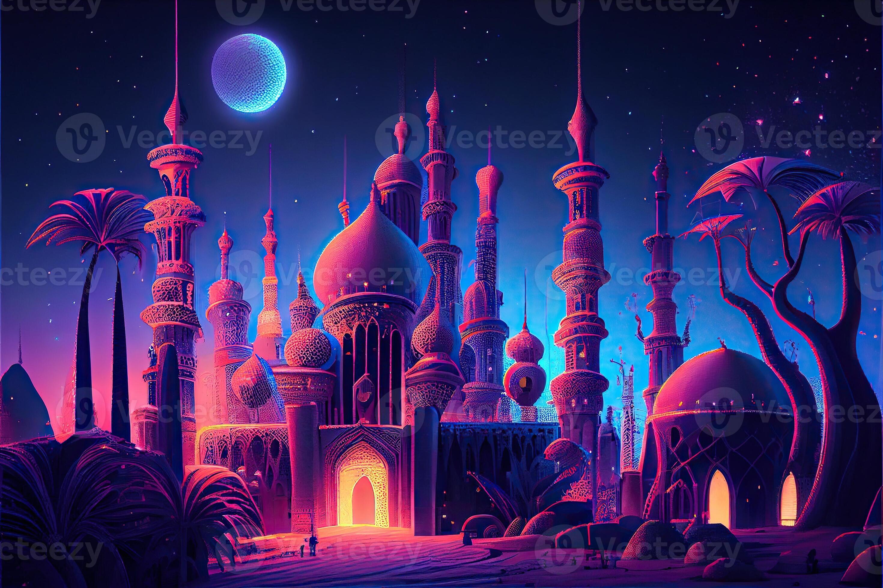 Generative AI illustration of Fairy - tale Arabian night city with towers  and mussels. Night neon oriental city. Fantasy urban arabic landscape  22657335 Stock Photo at Vecteezy