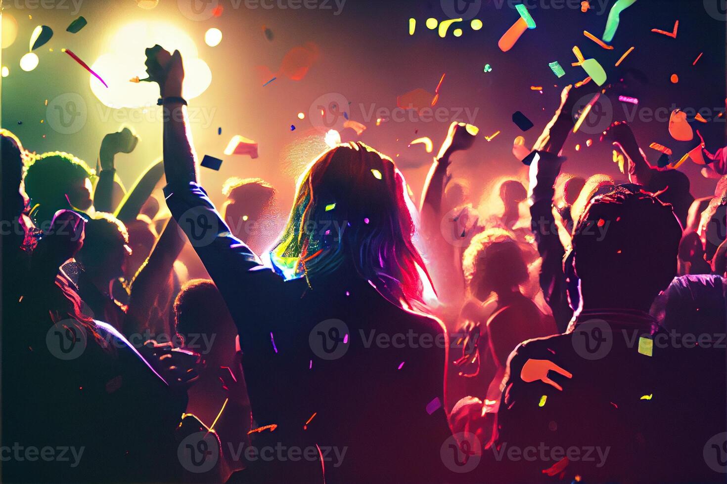 illustration of New Year's Eve party background, pop color, group of people dancing and joyful, countdown, neural network generated art. Digitally painting, generated image. photo