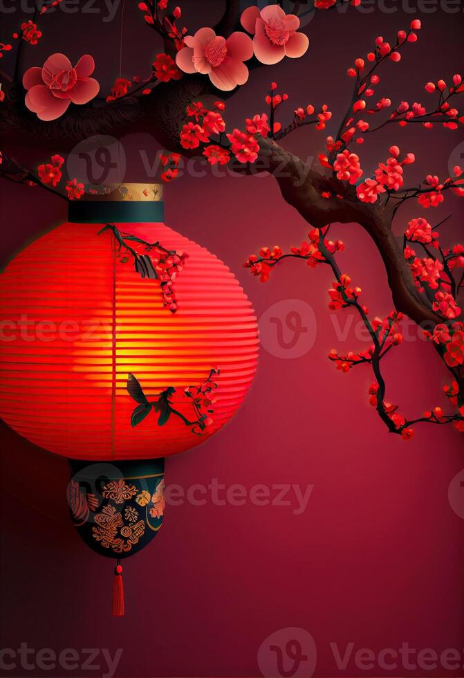 illustration of Chinese traditional red festival background with a chinese red plum blossom, lantern, spring festival, new year, chinese traditional culture element photo