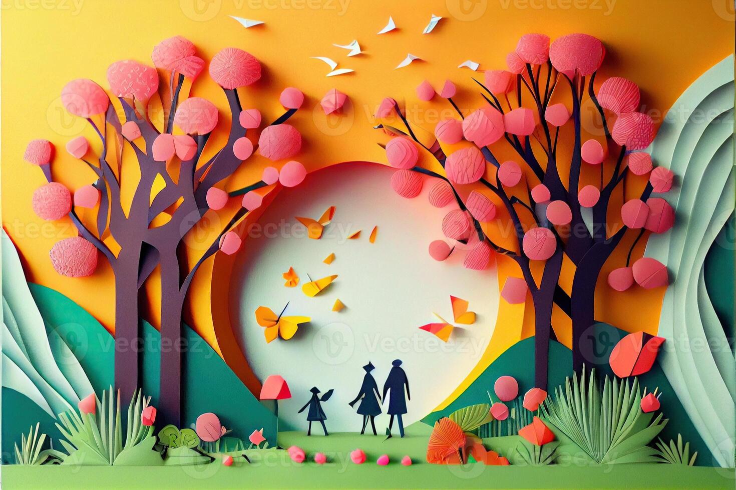 illustration of origami spring background, joyful elderly, happy family with parent, colorful. Paper cut craft, 3d paper illustration style, pop color. Neural network generated art. photo