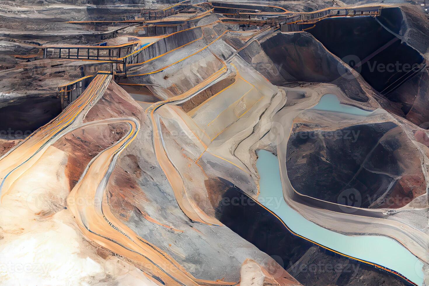 illustration of an aerial panorama of an anthracite coal mine, showcasing a big yellow mining truck collecting rocks in an open pit mine photo