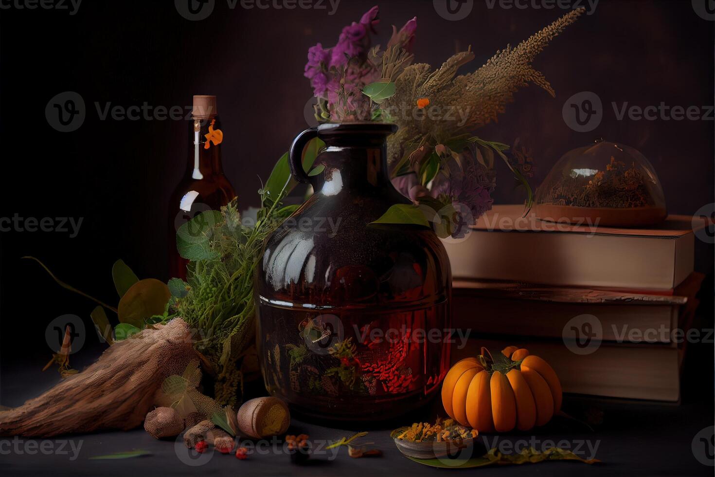 illustration of the ingredients of a flower vase arranged for a witch's cookbook. Herbs, bottles, vials, terracotta mixing pot photo