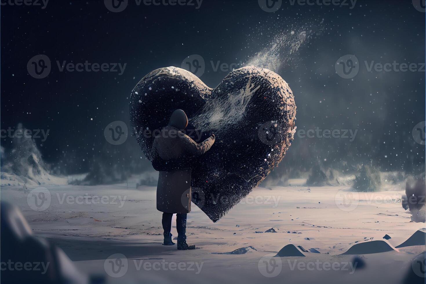 generativo ai ilustración de un tormenta de nieve de amor. Pareja besos en nieve. grande corazón. amor y enamorado día concepto. neural red generado Arte. digitalmente generado imagen. foto