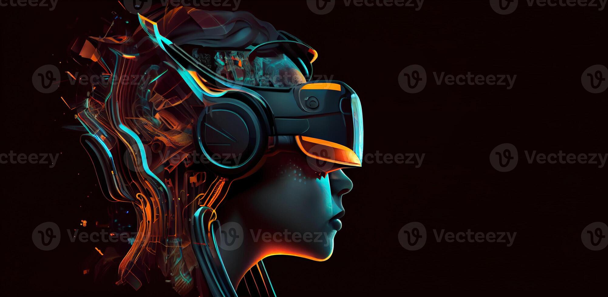 illustration of Metaverse concept and virtual world elements. Side view of human face in augmented or virtual reality headset inside the metaverse photo