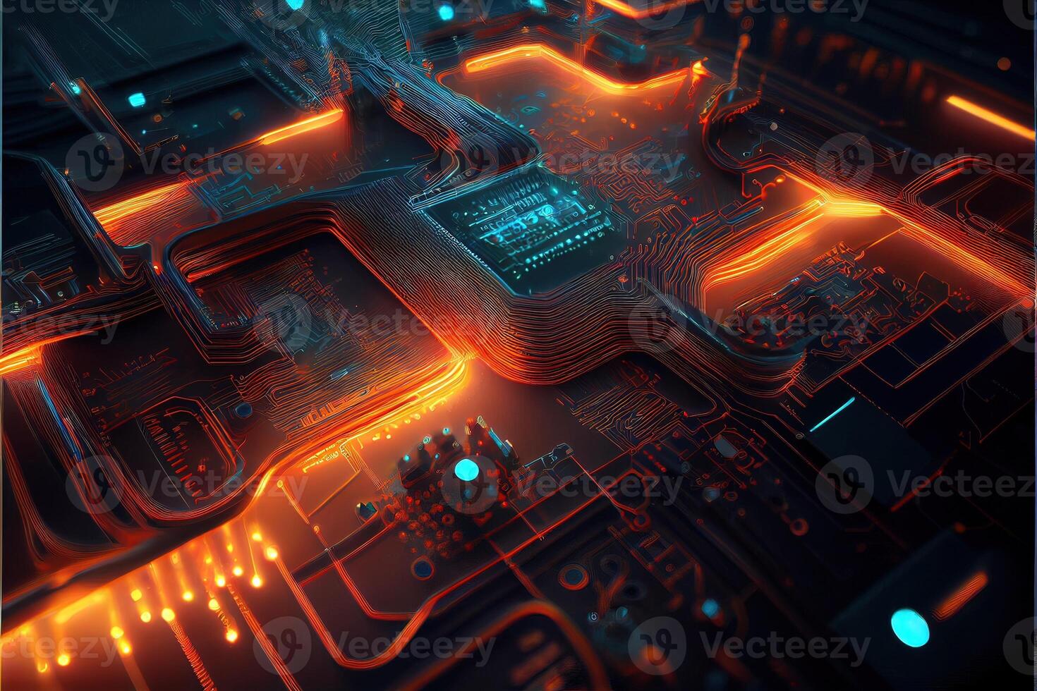 illustration of macro shot of circuit cyberspace board with computer motherboard component microchip with chip structure. Neural network generated art. photo