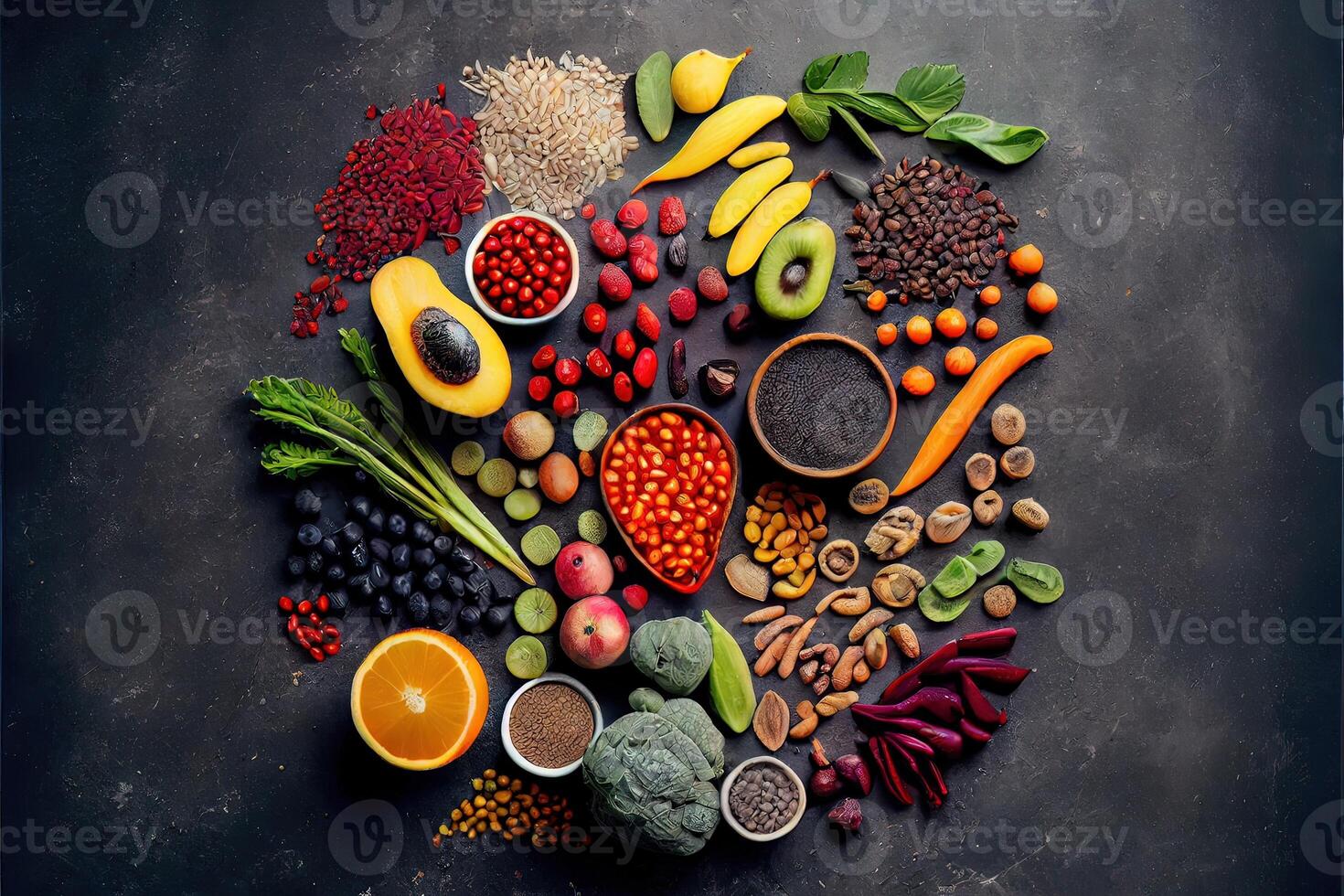 illustration of healthy food clean eating selection on gray concrete background photo