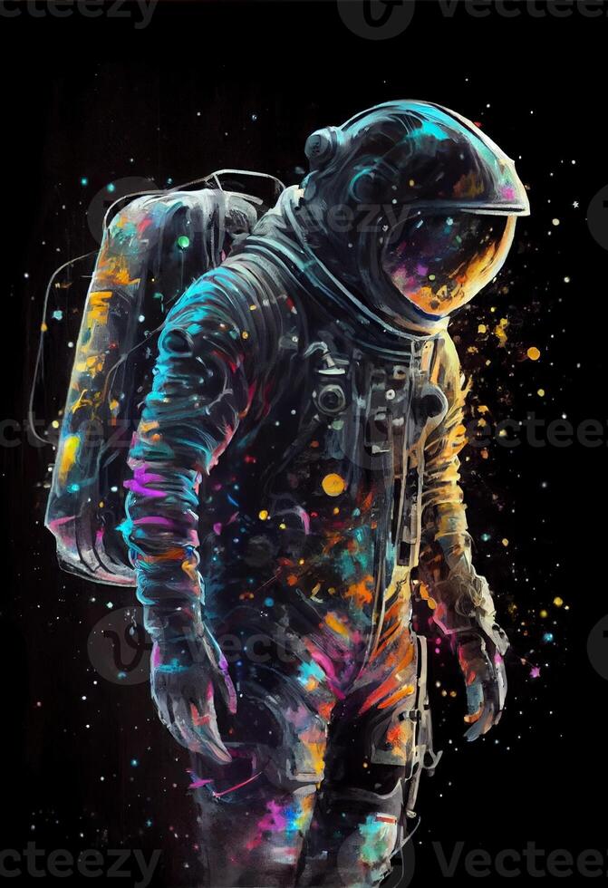 Generative AI illustration of impasto, sci-fi, full-length, whole body  portrait,anime character, Space astronaut. Universal pedestrian painting.  Full color , black background 22657597 Stock Photo at Vecteezy