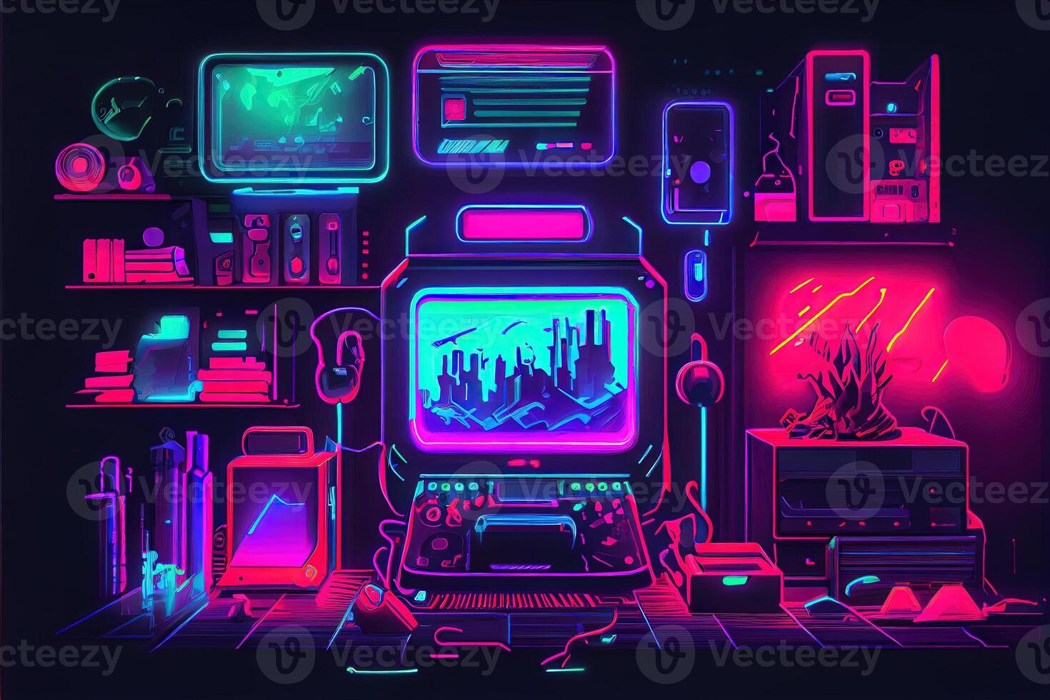 illustration of gaming background, abstract cyberpunk style of gamer wallpaper, neon glow light of scifi fluorescent sticks. Digitally generated image photo