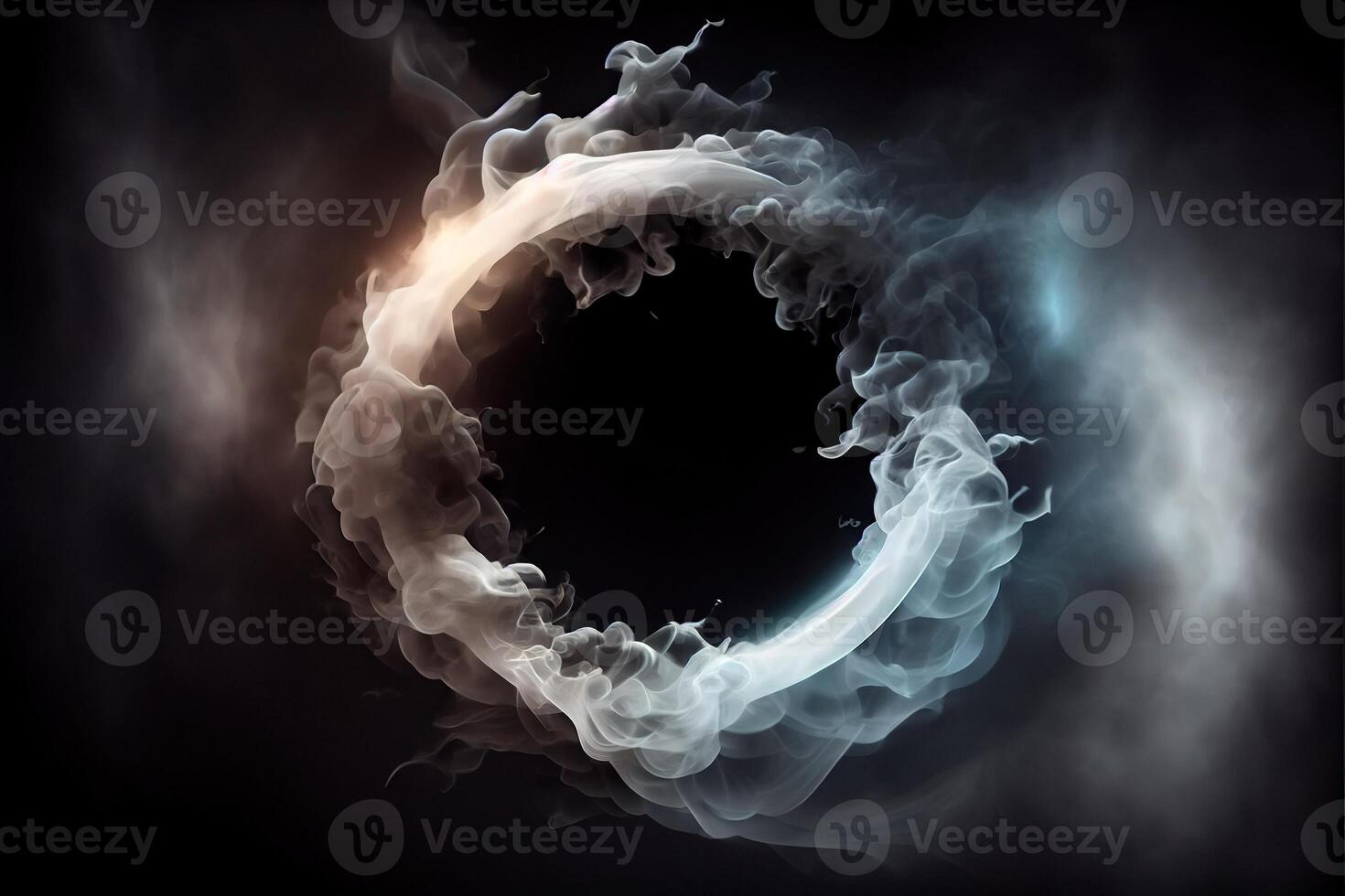 illustration of white smoke exploding outwards with empty center. Dramatic smoke or fog effect for spooky, hot lighting ring circle photo