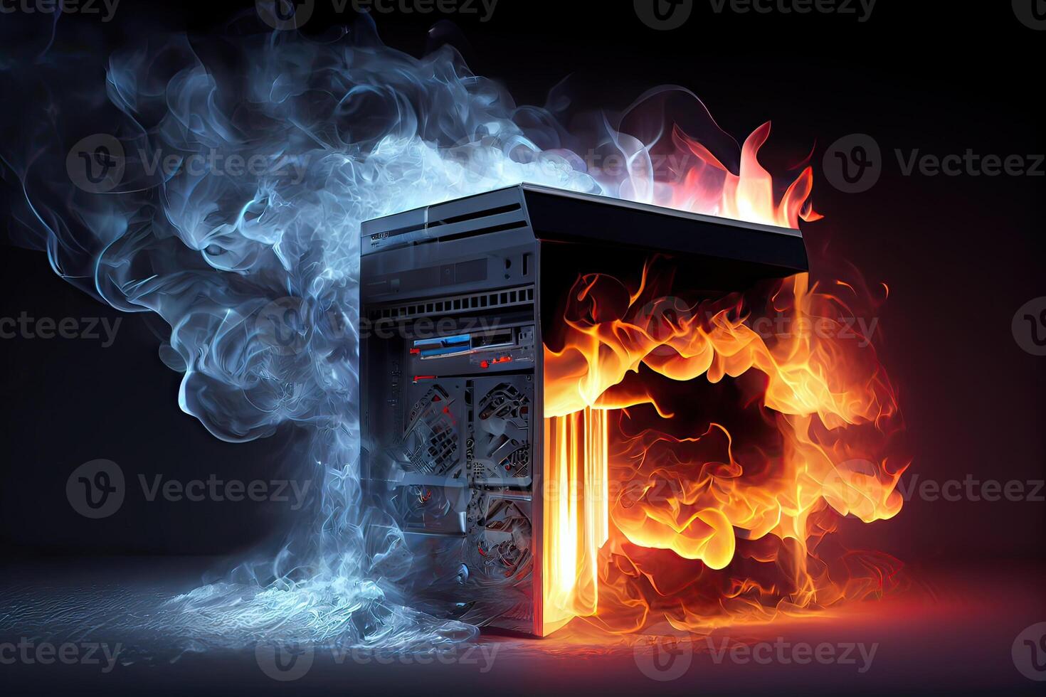 illustration of burning computer server in messy dark doom photo