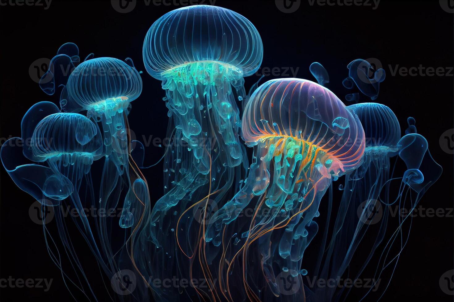 illustration of glowing sea jellyfishes on dark background photo