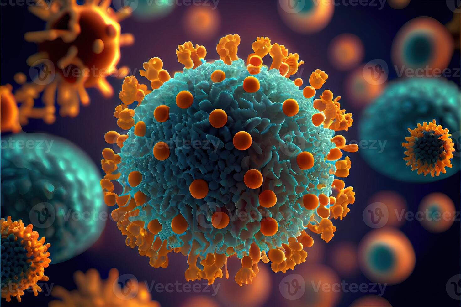 illustration of illness respiratory virus flu outbreak 3D medical illustration. Microscopic view of floating influenza virus cells. Neural network generated art. photo